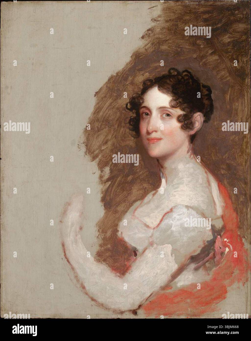 Questo ritratto incompiuto di Delia Tudor Stewart (1787-1861), dipinto intorno al 1815 da Gilbert Stuart (1755-1828), mostra la giovane moglie del commodoro Charles Stewart. Il ritratto raffigura il suo volto con ricci marrone scuro e uno scialle rosso, con il resto della sua figura lasciato incompiuto. Il lavoro è olio sul pannello. Foto Stock