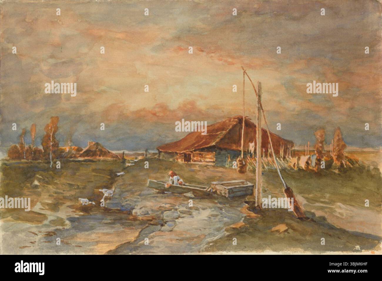 "Õhtu külas" (sera nel villaggio) di Julius Sergius von Klever (1850-1924) è un dipinto ad acquerello che cattura l'atmosfera serena di un villaggio al crepuscolo. La delicata pennellatura dell'artista e la tavolozza di colori delicati riflettono il momento tranquillo e tranquillo della vita rurale. Foto Stock