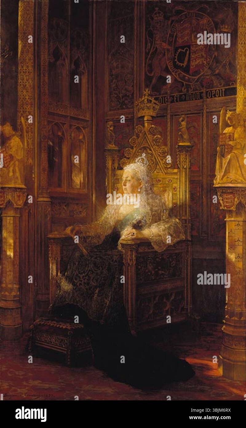 Il ritratto della regina Vittoria di Jean-Joseph Benjamin Constant del 1899 raffigura il monarca nei suoi ultimi anni, mostrando la sua espressione dignitosa e il suo abbigliamento regale. L'olio su tela riflette lo stile tradizionale del ritratto dell'epoca. Foto Stock