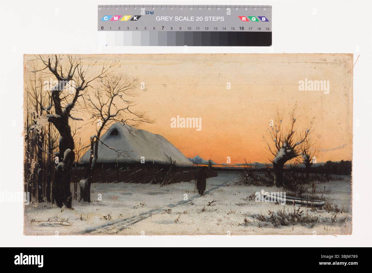 "Õhtune maastik teelistega" (paesaggio serale con i viaggiatori) di otto Zoege von Manteuffel (1822-1889) è un dipinto ad olio su tela, raffigurante un paesaggio crepuscolo con i viaggiatori che attraversano un campo aperto, evidenziando l'atmosfera della luce e del movimento della sera. Foto Stock