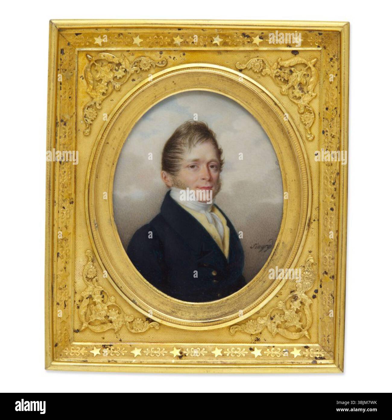 Ritratto in acquerello e corposità in avorio di Jean-Baptiste Singry (1782-1824), che mostra una sitter maschile intorno al 1815 in abbigliamento formale. La miniatura enfatizza i dettagli del viso e l'abbigliamento. Foto Stock