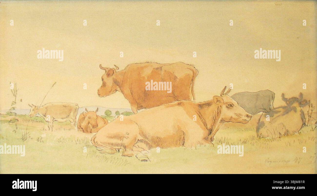 'Cows in a Field' (1847) di Johan Thomas Lundbye è un dipinto ad acquerello che raffigura le mucche pascolano in un campo aperto. Il pezzo mette in evidenza l'abilità di Lundbye nel catturare la vita rurale e l'ambiente naturale attraverso delicati pennellate e colori tenui. Foto Stock