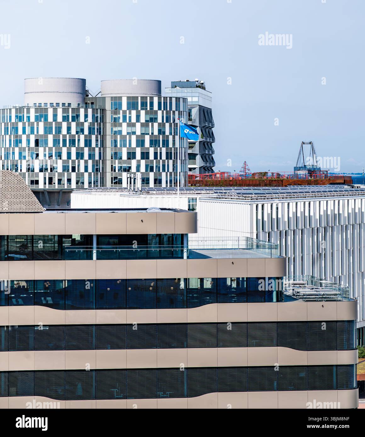 Gli uffici aziendali delle Portland Towers e l'Organizzazione Mondiale della Sanità delle Nazioni Unite si innalzano sopra la sede centrale della DFDS nel porto, mostrando un'architettura moderna Foto Stock