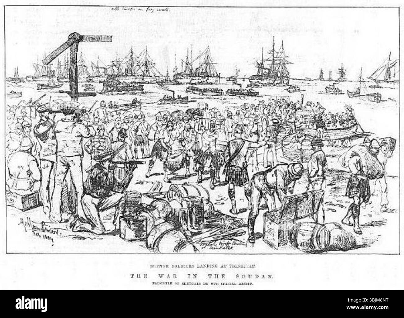 Un'illustrazione di Melton Prior per The Illustrated London News raffigurante i soldati britannici sbarcati a Trinkitat durante la guerra di Soudan nel 1884. L'immagine cattura l'azione militare nella regione ed è stata presentata sulla pagina del 15 marzo 1884 della pubblicazione. Foto Stock