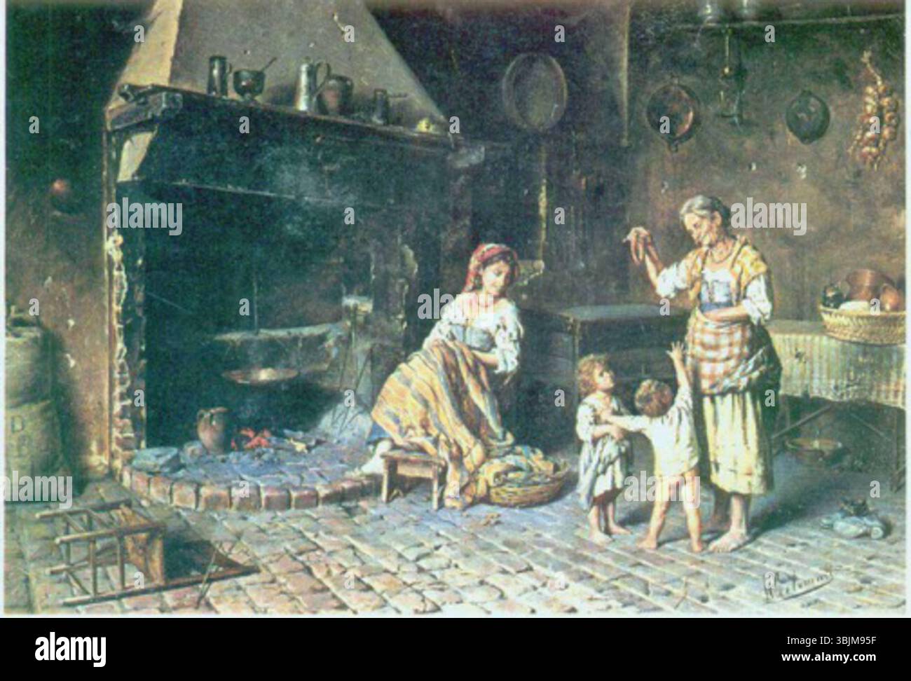 "Ritorno dalla fiera" (1888) è una rappresentazione di persone che ritornano da una fiera, mostrando figure e animali in movimento in uno scenario rurale. Celommi cattura sapientemente l'energia della scena con attenzione ai dettagli e al movimento. Foto Stock