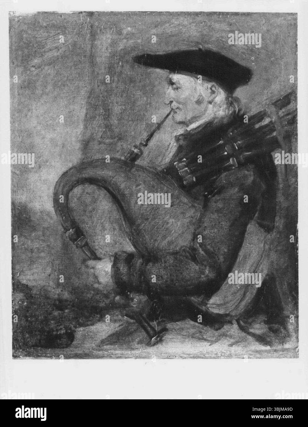 Il *A Highland Piper* di John Phillip (1867) è un ritratto ad olio su tela di un pifferaio scozzese in abito tradizionale. Il dipinto cattura il soggetto in una posa vivace con le sue cornamuse, simboleggiando il patrimonio e la cultura scozzesi. Foto Stock