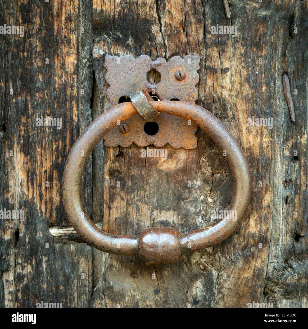 Una porta rotonda in metallo è appesa a una porta in legno antico, che mostra la sua struttura rustica e la vernice usurata. Francia Foto Stock