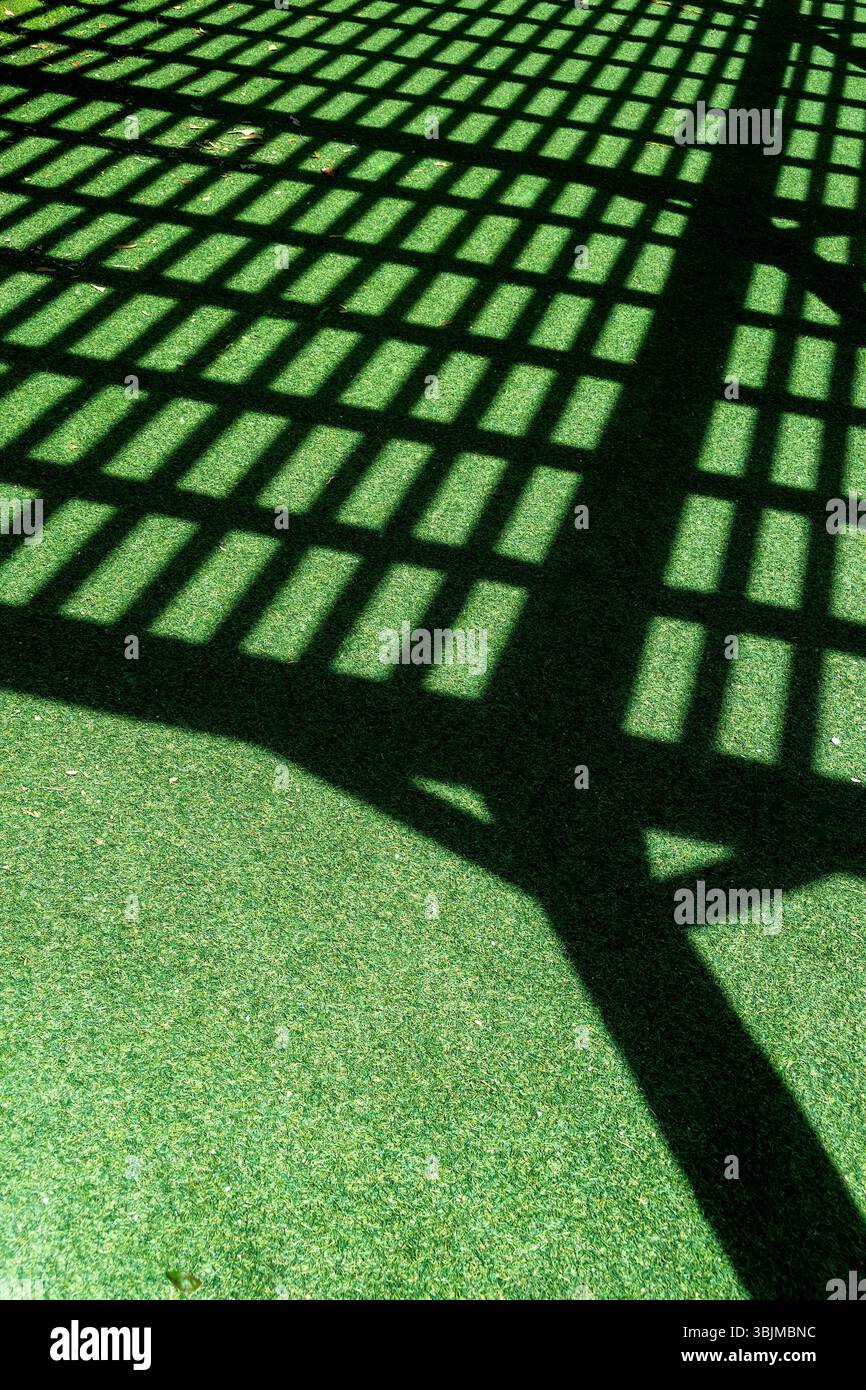 Una griglia di ombre cade su una superficie verde vibrante, formata da un reticolo in alto. Foto Stock