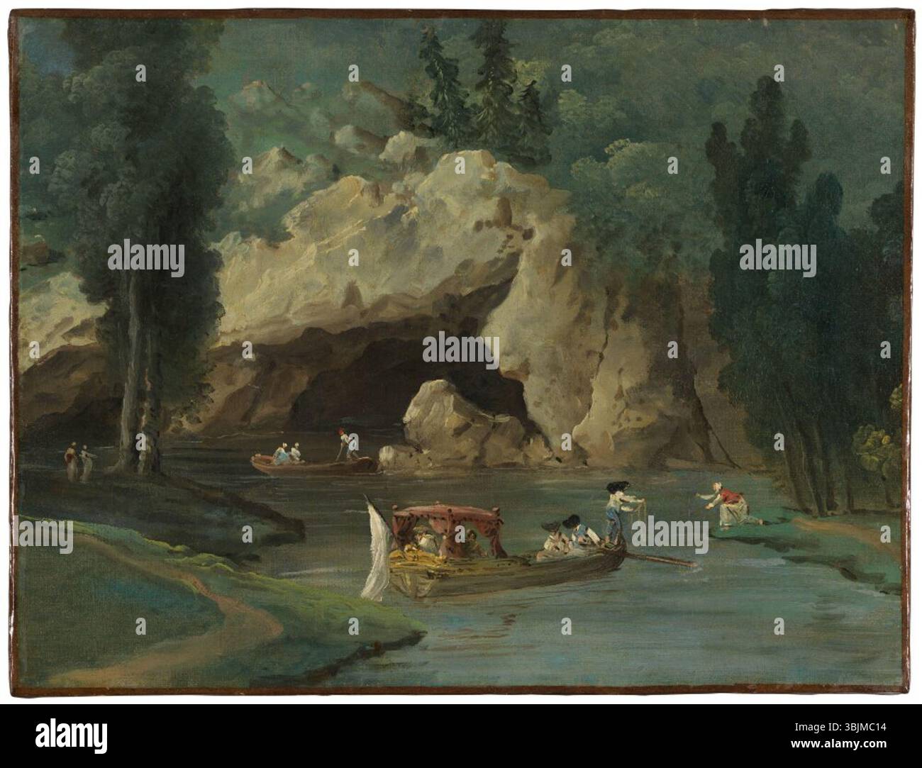 Il dipinto di Hubert Robert "Boats in Front of the Grotto in the Park at Méréville" (1786-1788) mostra un paesaggio sereno con barche e una grotta. Dipinto a olio su tela, cattura l'essenza romantica e pittoresca dei giardini francesi del XVIII secolo, spesso idealizzati nelle opere di Robert. Foto Stock