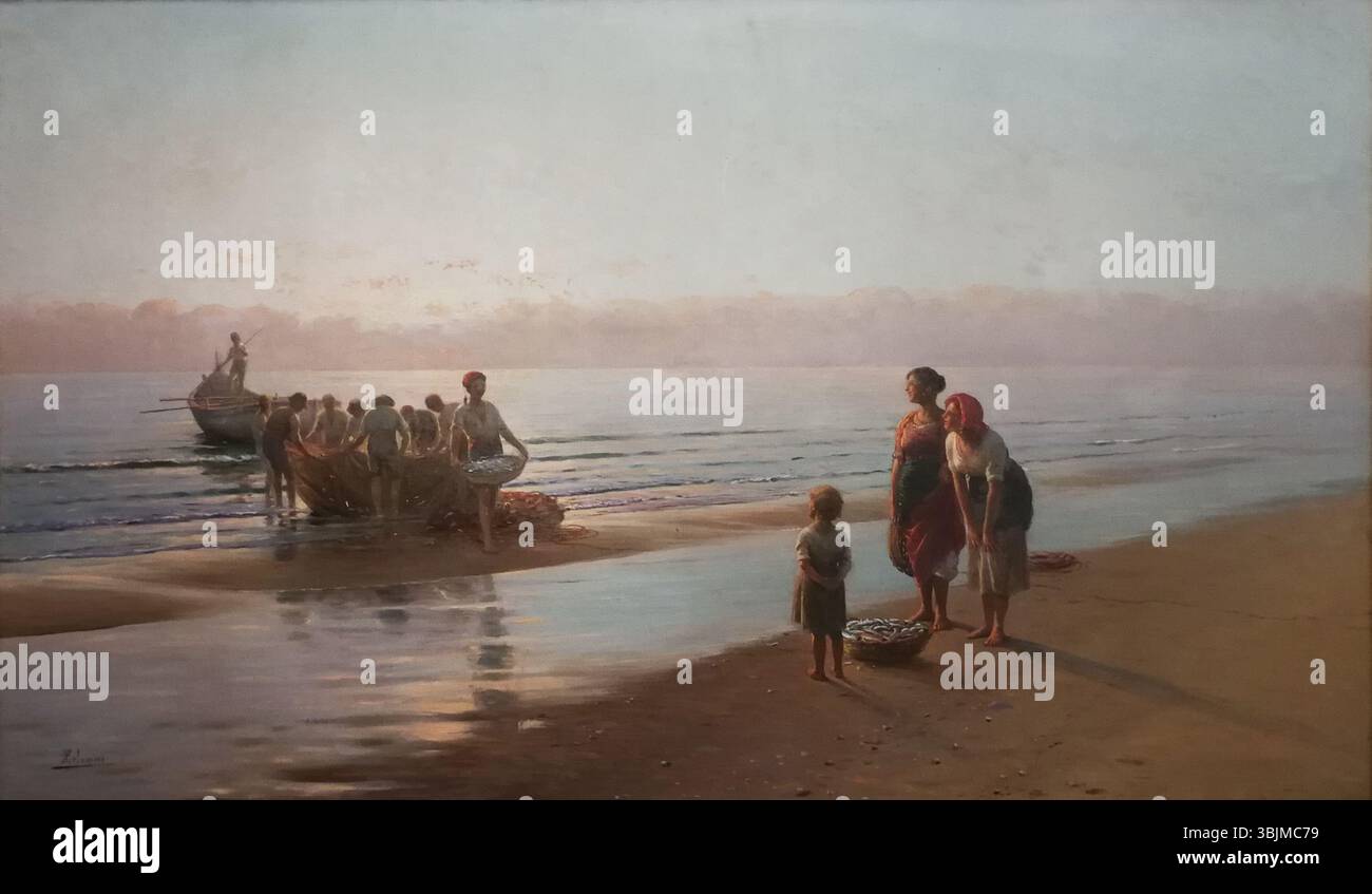 *L'alba sul mare* (data sconosciuta) di Pasquale Celommi cattura una tranquilla alba sul mare. Il dipinto trasmette splendidamente la serenità della natura, utilizzando una luce delicata per enfatizzare l'armonia tra l'oceano e il cielo. Foto Stock