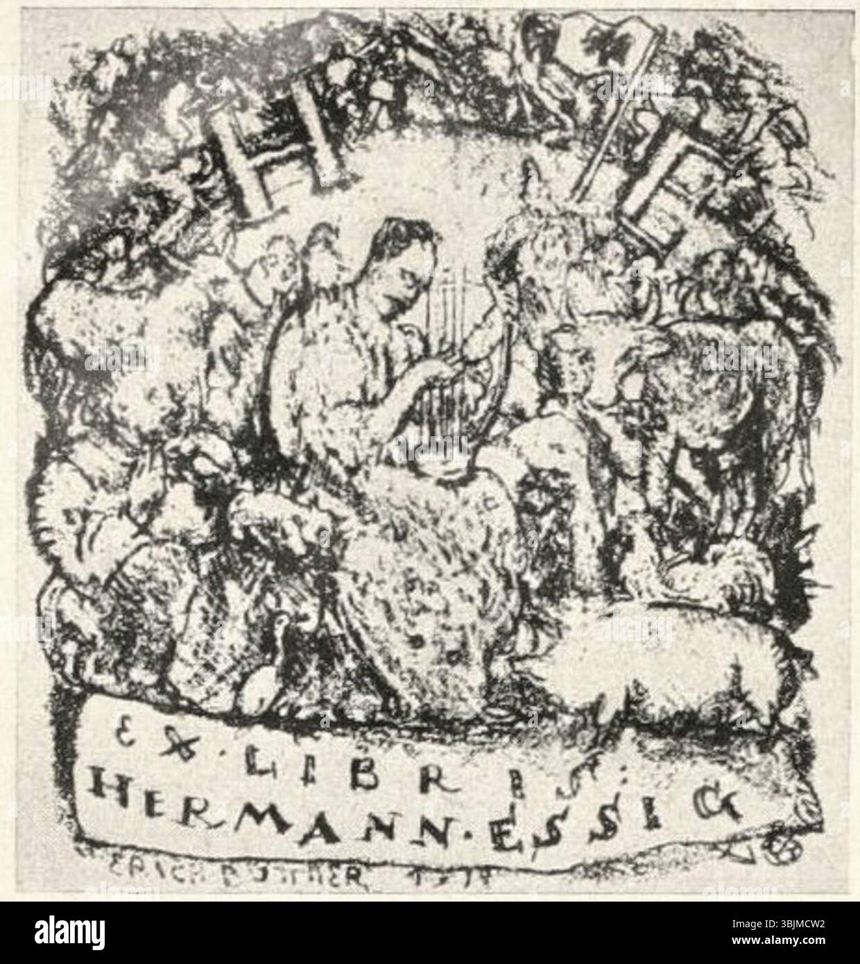 Il progetto *Ex libris Hermann Essig* (1914) di Erich Büttner è una libreria che combina illustrazioni complesse e motivi personalizzati per Hermann Essig. L'opera riflette l'abilità di Büttner nell'arte grafica su piccola scala, adatta all'uso personale e al patrimonio letterario. Foto Stock