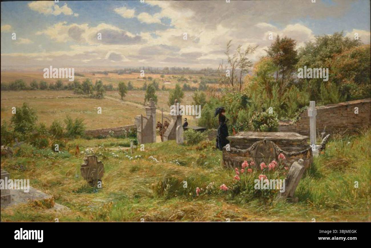 *Maastik kalmistuga* (paesaggio con un cimitero) di Eduard Spörer (1841-1898) raffigura un paesaggio sereno con un cimitero. Il dipinto, realizzato a olio su tela, riflette l'interesse di Spörer per le tranquille scene naturali e il simbolismo della vita e della morte. Foto Stock