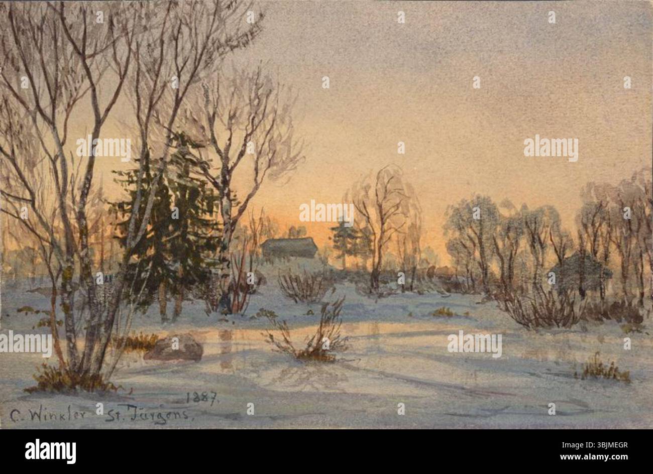 Il *Õhtune maastik* (paesaggio serale, 1887) di Karl von Winkler è un dipinto ad acquerello che cattura una tranquilla scena serale. Il lavoro si concentra sull'interazione di luce e ombra, evidenziando la bellezza atmosferica del crepuscolo. Foto Stock