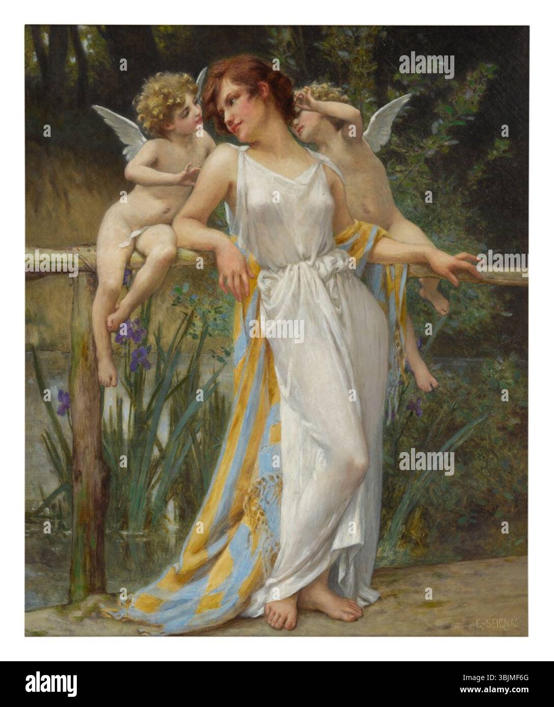 Olio su tela pittura Psiche con Putti di Guillaume Seignac. L'opera raffigura la figura mitologica Psiche accompagnata da putti cherubici, resi in stile classico nell'arte francese dell'inizio del XX secolo. Foto Stock