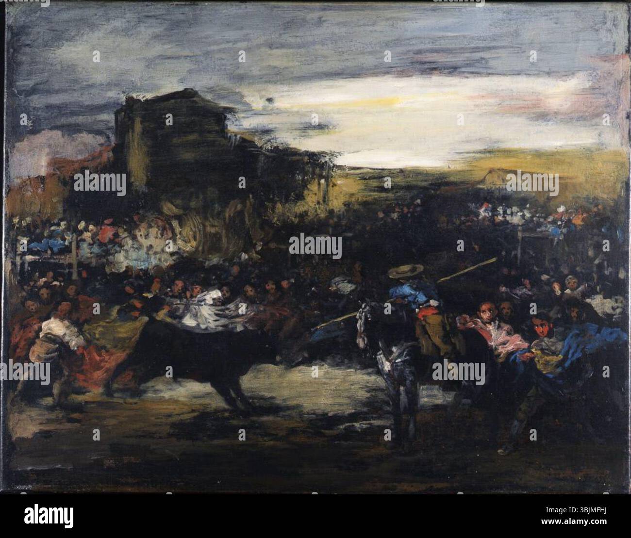 "The Bullfight" (tra il 1860 e il 1869) di Eugenio Lucas Velázquez presenta una scena drammatica di una corrida. Il dipinto ad olio cattura l'intensità e l'energia di questa tradizione spagnola attraverso colori vivaci e movimenti espressivi. Foto Stock