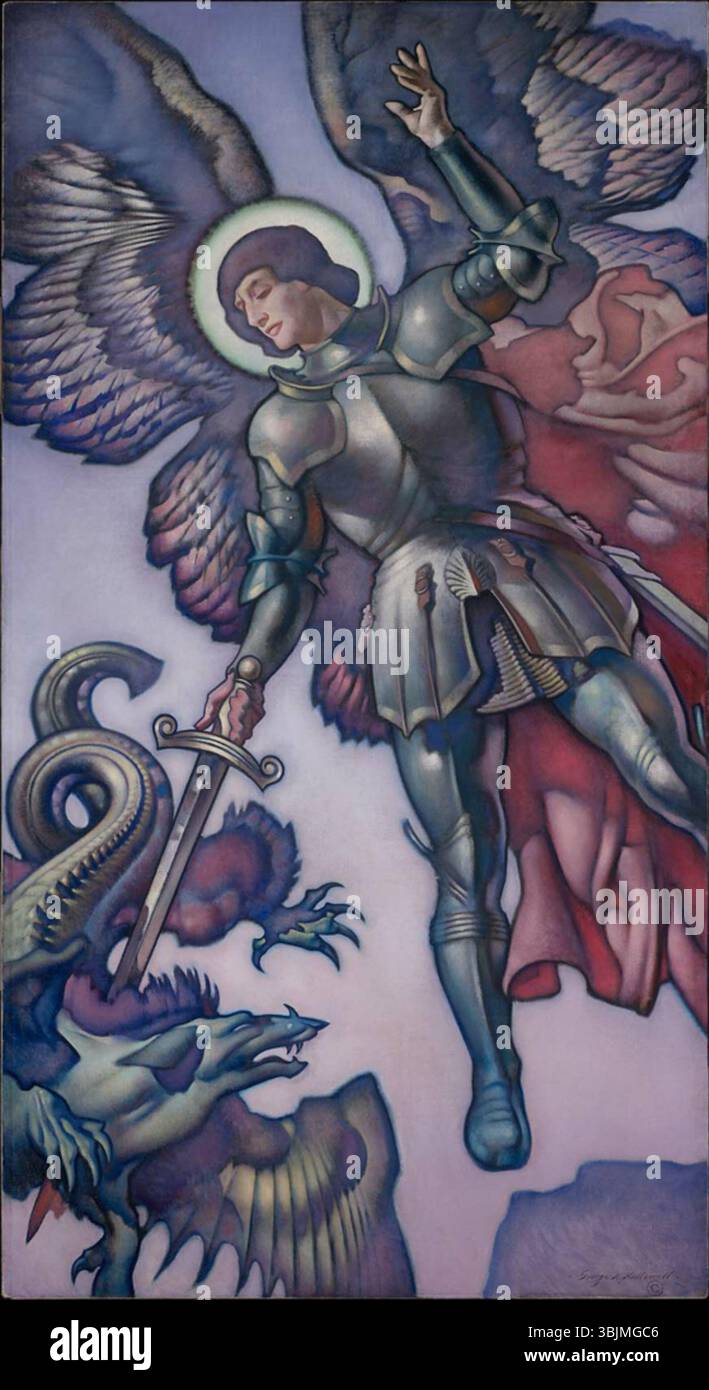 Il dipinto di George Hawley Hallowell del 1925 "St. Michael Slaying the Dragon" illustra la scena biblica di St. Michael che sconfigge il drago. L'olio su tela cattura l'essenza drammatica e spirituale del mito. Foto Stock