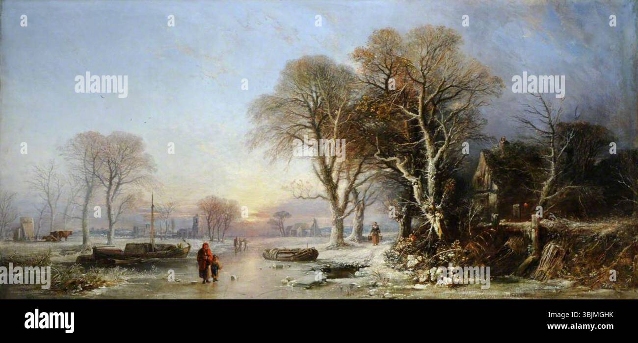 Muller, William James; A Winter Landscape at Sunset with figures on a Frozen River; National Trust, Calke Abbey; http://www.artuk.org/artworks/a-winter-landscape-at-sunset-with-figures-on-a-frozen-river-169504 Foto Stock