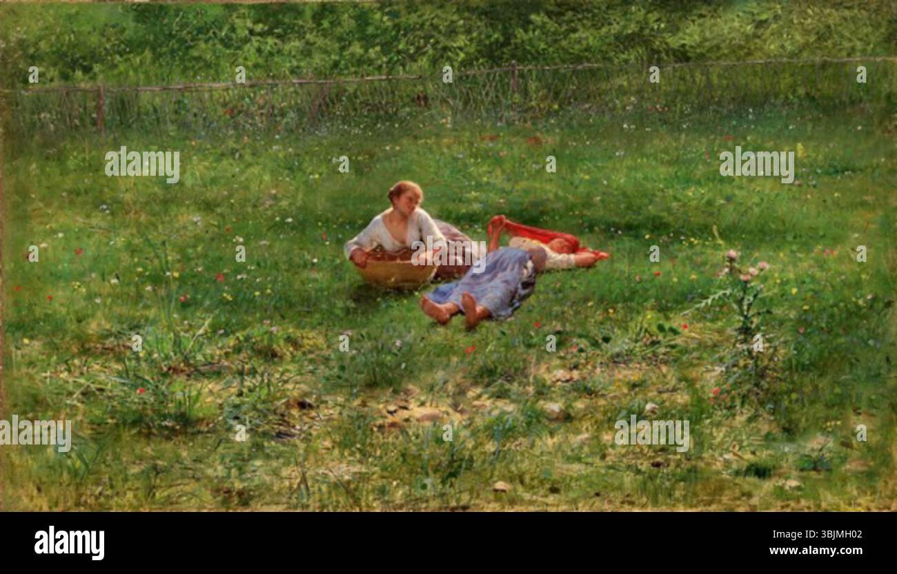 Il *riposo nei campi* di Pasquale Celommi (1899 circa) è un olio su tela che raffigura una tranquilla scena rurale in cui una figura riposa nei campi. Il dipinto ritrae la calma e la semplicità della vita contadina in Italia. Foto Stock