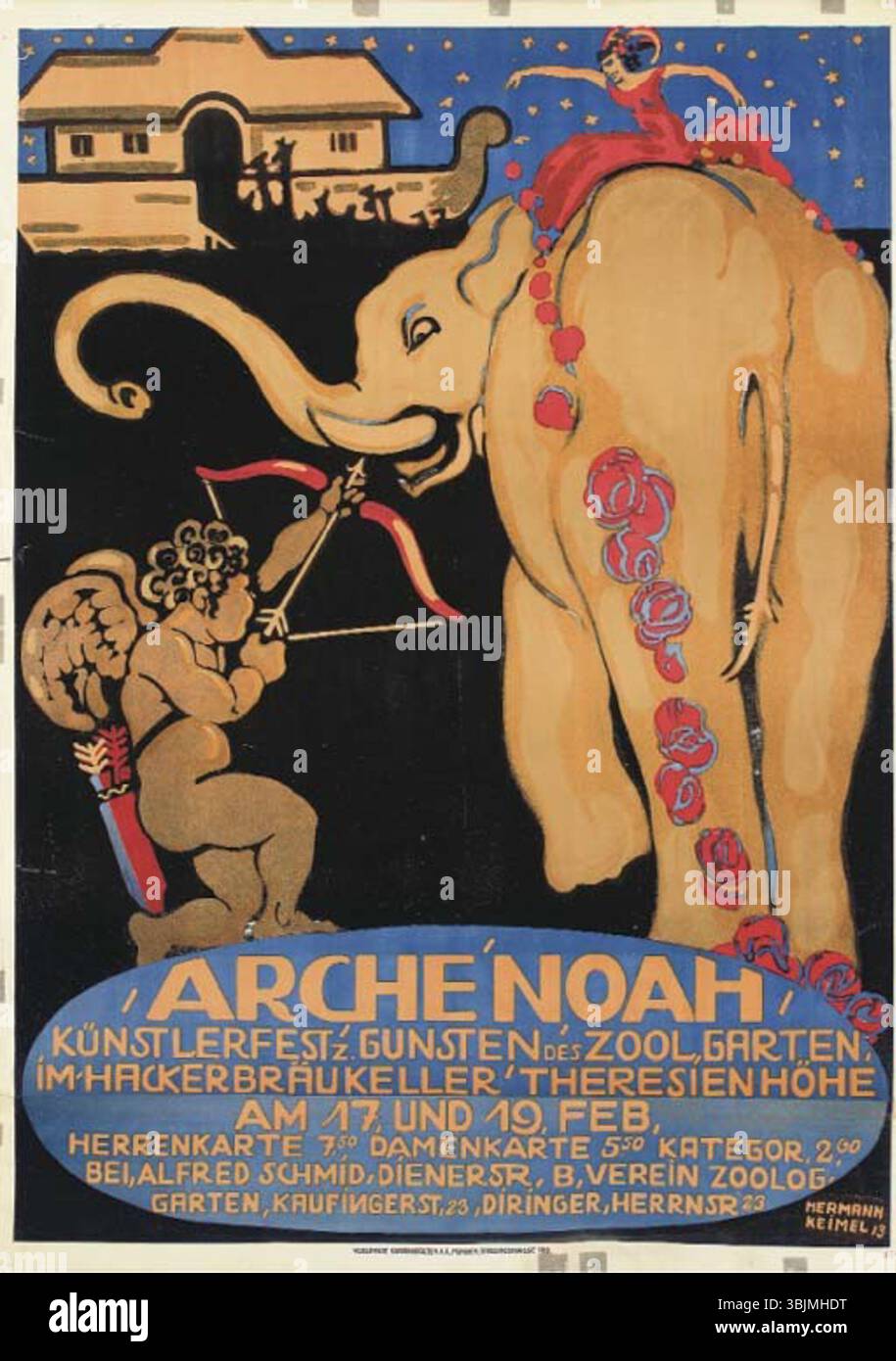 ARCHE NOAH. Künstlerfest zu Gunsten des Zoologischen Gartens' (1913) di Hermann Keimel è una litografia creata per un evento di beneficenza a beneficio del giardino zoologico. Presenta disegni colorati che promuovono l'evento a Monaco. Foto Stock