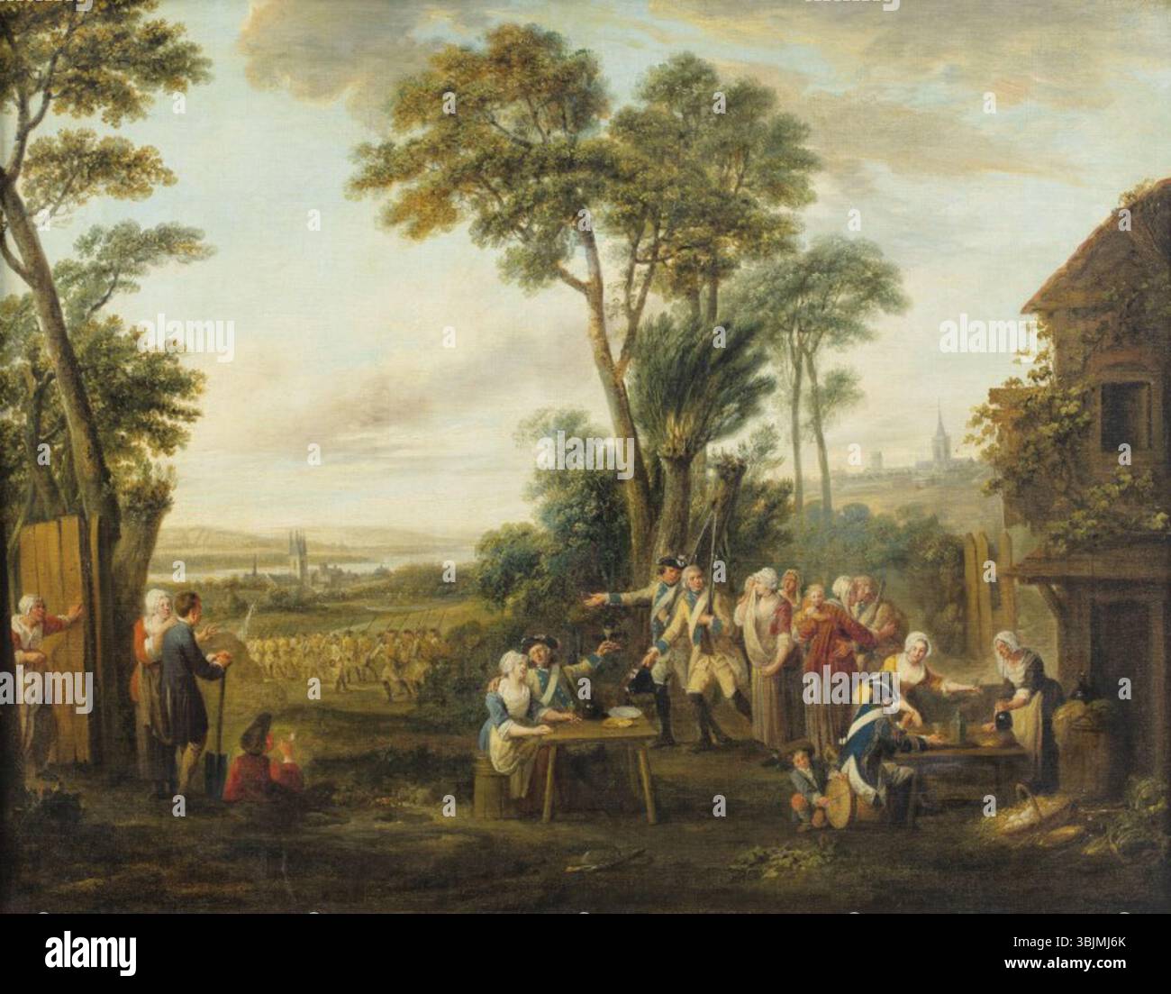 Louis Joseph Watteau (1731-1798) dipinse "la partenza dei coscritti", un olio su tela che mostrava giovani uomini in partenza per il servizio militare, ambientato all'interno di una scena del villaggio. Foto Stock