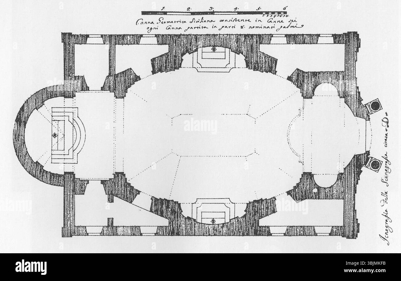 Progetto architettonico della Chiesa di Santa chiara a Caltagirone, in Sicilia, disegnato da Rosario Gagliardi nel 1726. La pianta mostra la disposizione e il design della chiesa barocca. Foto Stock
