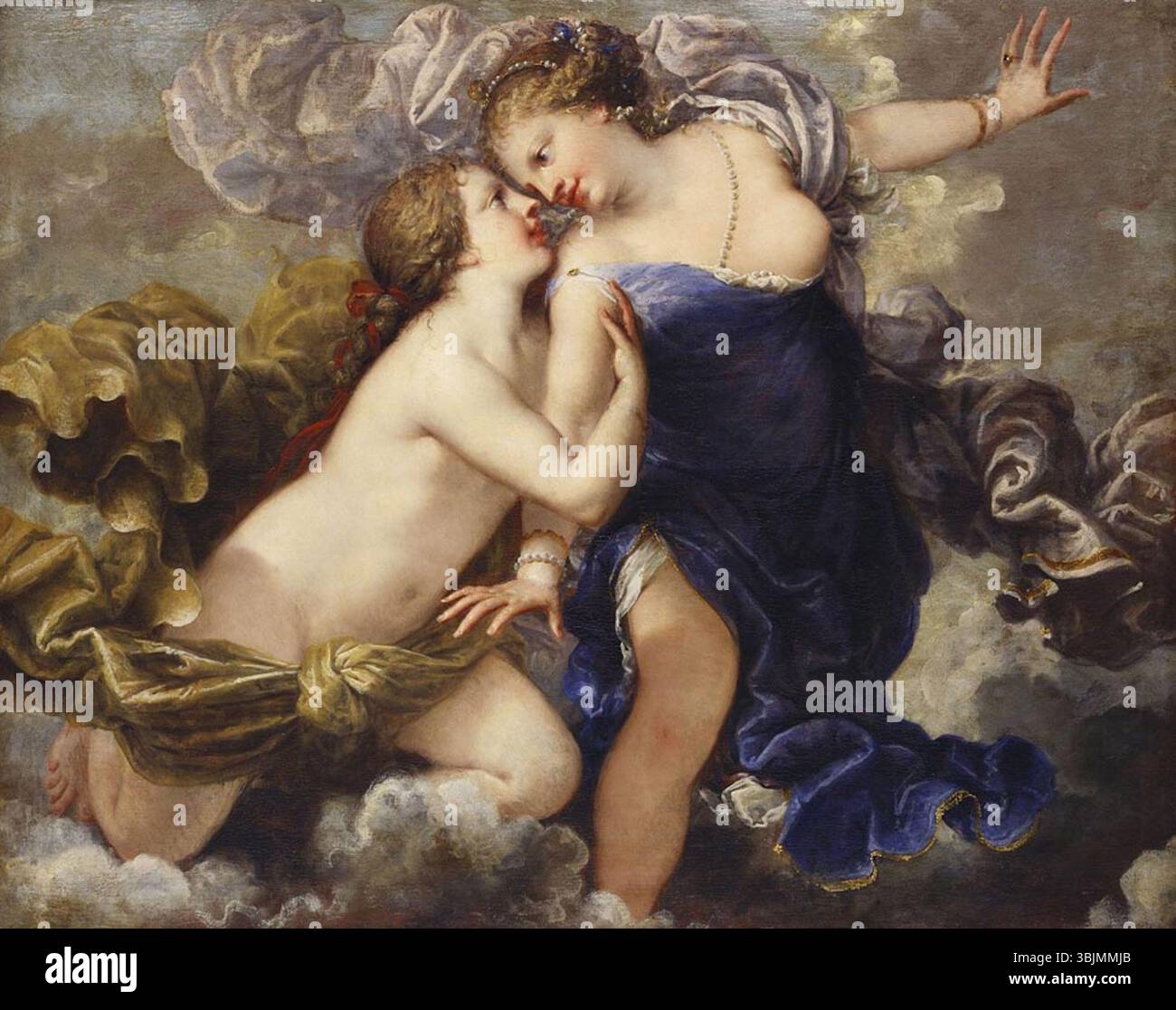 "Un soggetto mitologico" di Pietro liberi, dipinto tra il 1660 e il 1665, è un olio su tela che esplora temi della mitologia classica. Il dipinto combina elementi narrativi e allegorici tipici del periodo barocco, concentrandosi su figure mitologiche e sui loro significati simbolici. Foto Stock