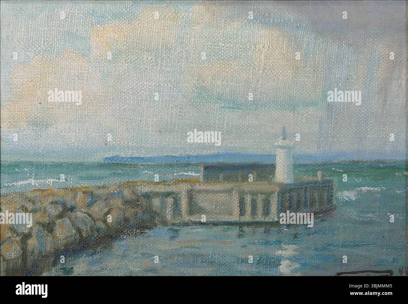 Il dipinto ad olio di Elias Petersen del 1944 "Mole med fyrtårn" (Un molo con un faro) raffigura una scena costiera con un molo e un faro. Il dipinto cattura l'atmosfera tranquilla del mare, enfatizzando la struttura del molo e la luce guida del faro. Foto Stock Il dipinto ad olio di Elias Petersen del 1944 "Mole med fyrtårn" (Un molo con un faro) raffigura una scena costiera con un molo e un faro. Il dipinto cattura l'atmosfera tranquilla del mare, enfatizzando la struttura del molo e la luce guida del faro. Foto Stock