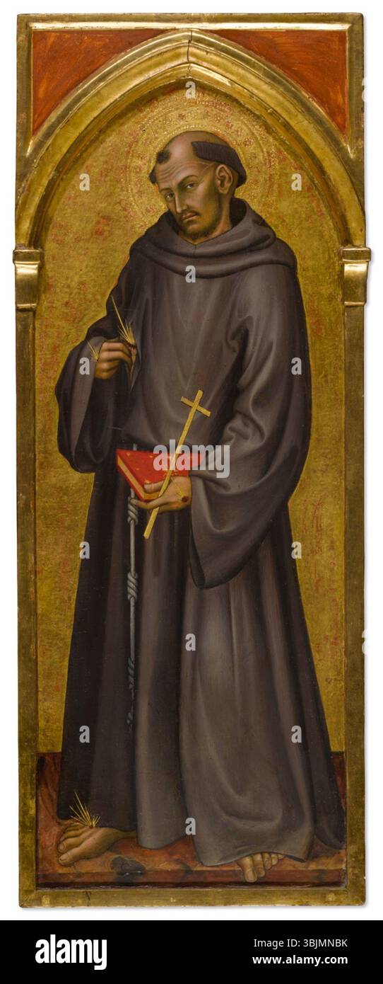 "San Francesco d'Assisi" di Taddeo di Bartolo è un dipinto a tempera su tavola, raffigurante il santo noto per la sua devozione alla povertà e alla natura. L'opera d'arte presenta una terra d'oro, caratteristica delle opere religiose del primo Rinascimento. Foto Stock