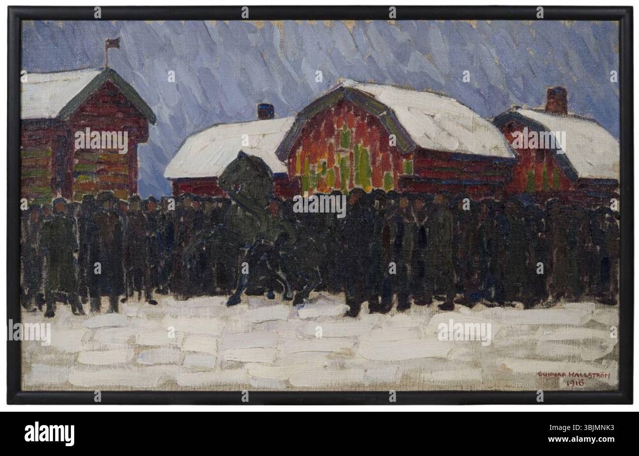 *Vendita di cavalli* di Gunnar Hallström (1875-1943) è un dipinto a olio su tela del 1916, raffigurante una vivace asta di cavalli. La scena cattura sia l'emozione che l'energia dell'evento, mostrando vari cavalli e i loro potenziali acquirenti. Foto Stock