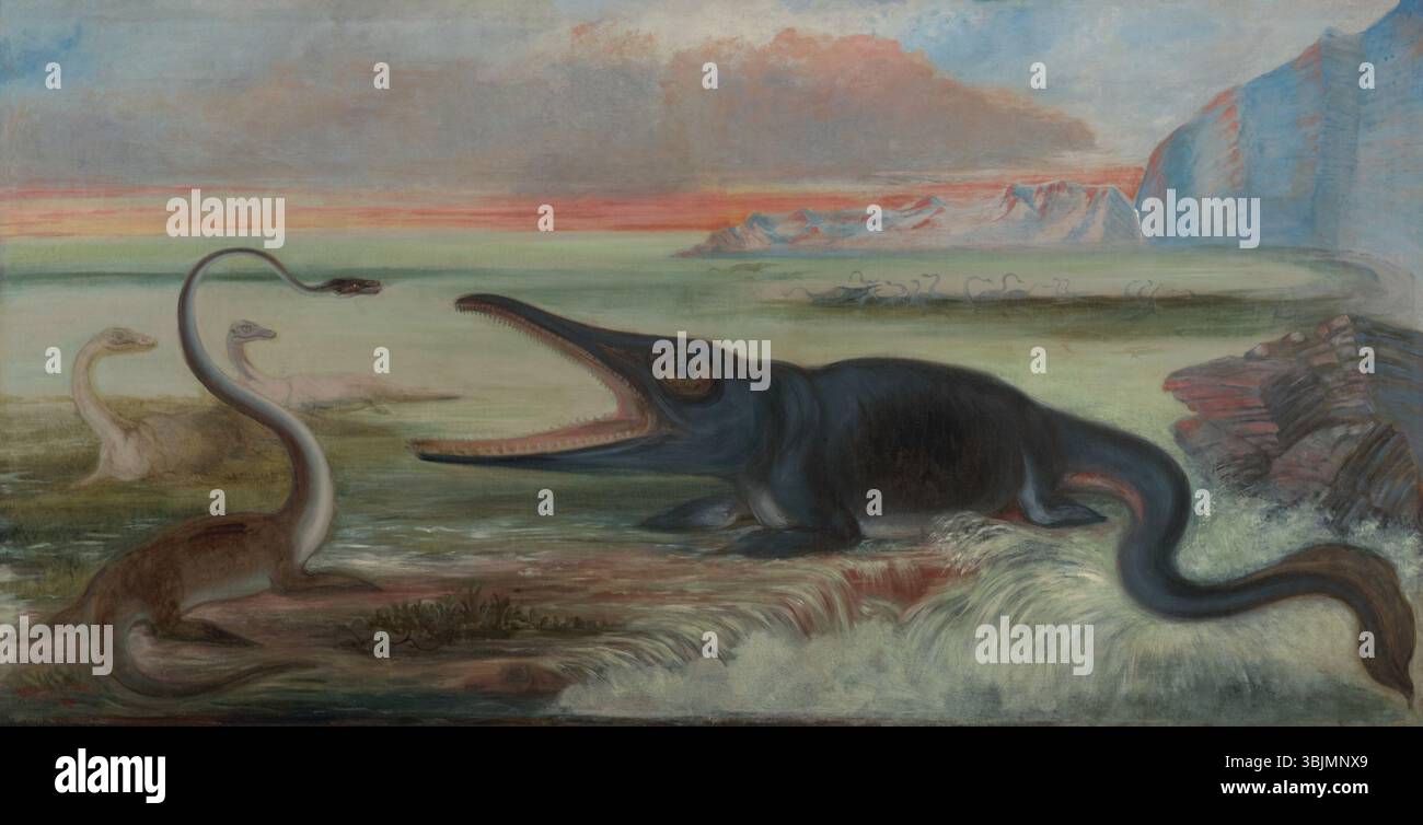 "Early Jurassic Marine Reptiles" (1876) di Benjamin Waterhouse Hawkins è un dipinto a olio su tela che mostra rettili marini preistorici. L'opera fonde accuratezza scientifica e interpretazione artistica, raffigurando queste antiche creature nel loro ambiente naturale. Foto Stock