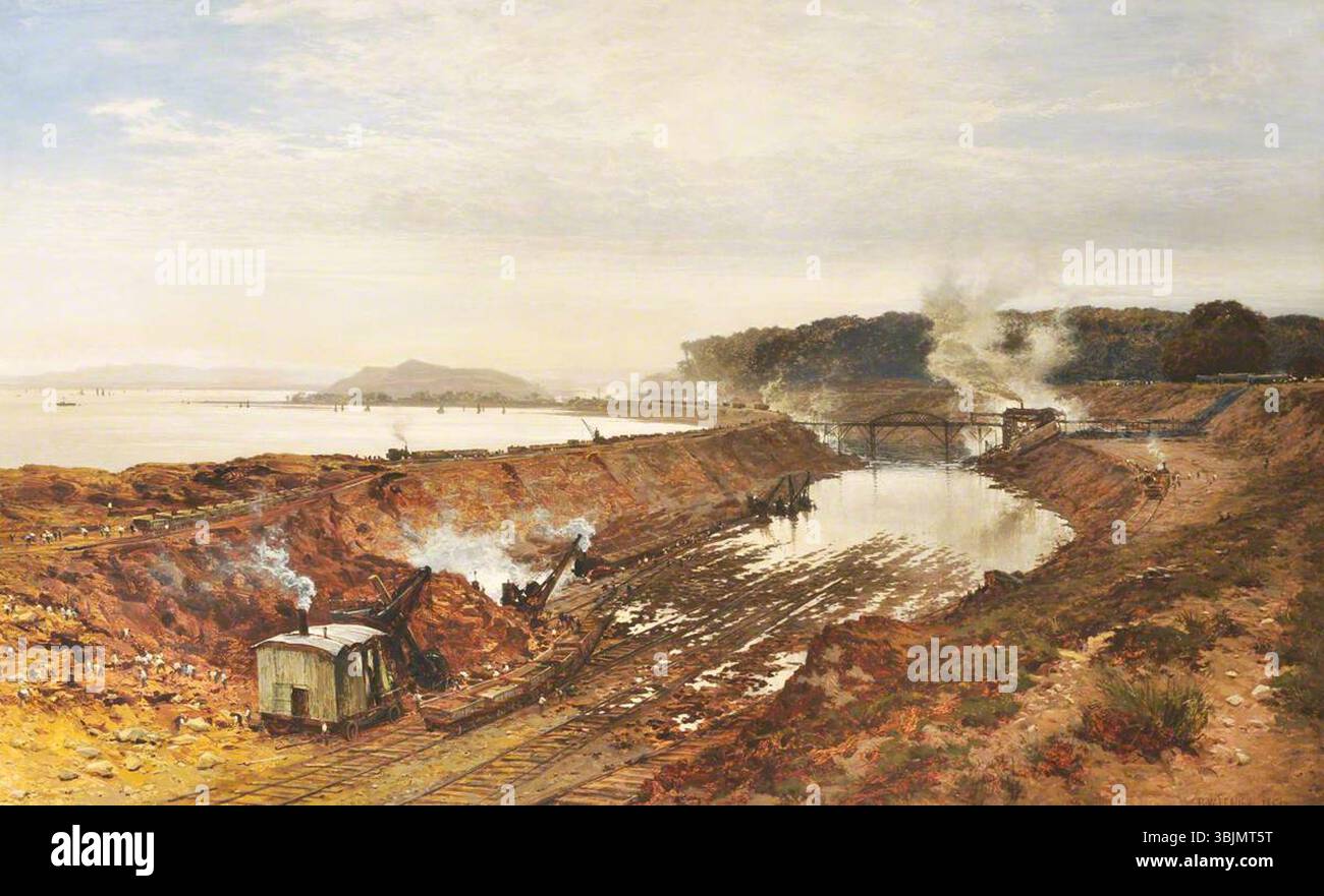 Leader, Benjamin Williams; The Excavation of the Manchester Ship Canal (Eastham Cutting with Mount Manisty in lontananza); National Trust, Tatton Park; http://www.artuk.org/artworks/the-excavation-of-the-manchester-ship-canal-eastham-cutting-with-mount-manisty-in-the-distance-131355 Foto Stock