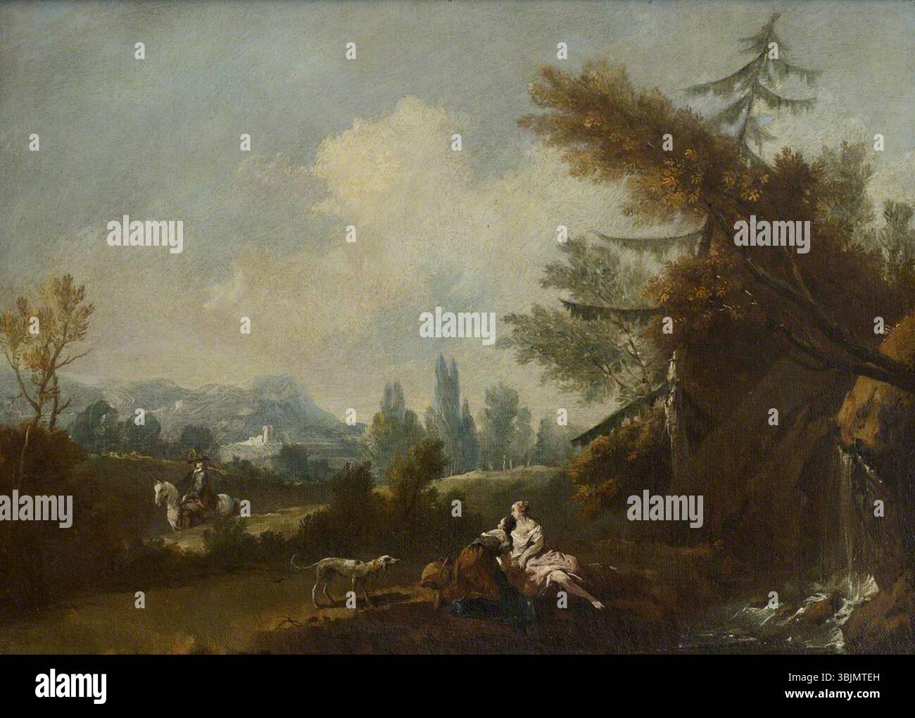 Zais, Giuseppe; paesaggio collinare, con due donne di campagna e un cane da una piccola cascata e un cavaliere su una strada; National Trust, Basildon Park; http://www.artuk.org/artworks/hilly-landscape-with-two-country-women-and-a-dog-by-a-small-waterfall-and-a-rider-on-a-road-218113 Foto Stock