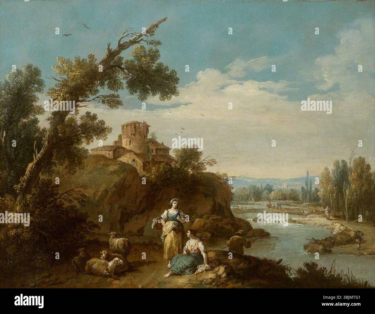 Zais, Giuseppe; River Landscape with Two Country Women and Four Sheep on a Winding Road, a Fisherman, and Farm Buildings Round an Old Round Tower in the Middle; National Trust, Basildon Park; http://www.artuk.org/artworks/river-landscape-with-two-country-women-and-four-sheep-on-a-winding-road-a-fisherman-and-farm-buildings-round-an-old-round-tower-in-the-middle-218114 Foto Stock