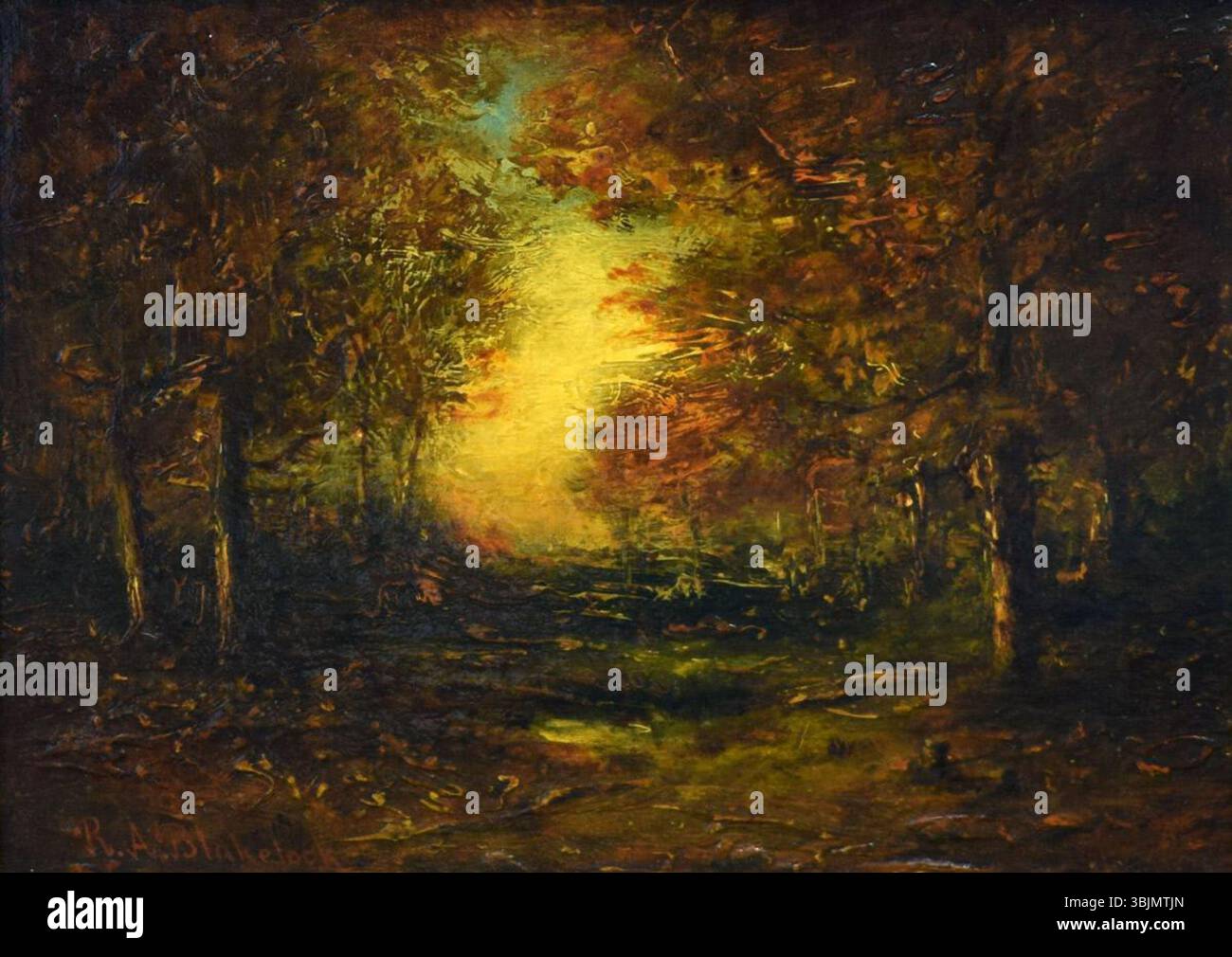 La "serata di ottobre" di Ralph Albert Blakelock, dipinta nel 1885, mostra una tranquilla scena serale autunnale. Il lavoro a olio su tela è noto per la sua qualità atmosferica e la rappresentazione dei colori della natura durante il crepuscolo. Foto Stock