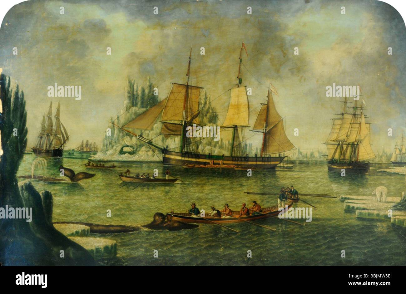 "William Lee in the Arctic" di John Ward (XIX secolo) è un olio su tela che raffigura la nave "William Lee" che naviga nelle acque artiche. Il dipinto mostra il viaggio dell'imbarcazione in condizioni fredde e difficili. Firmato dall'artista, misura 66,5 x 101,5 cm. Foto Stock