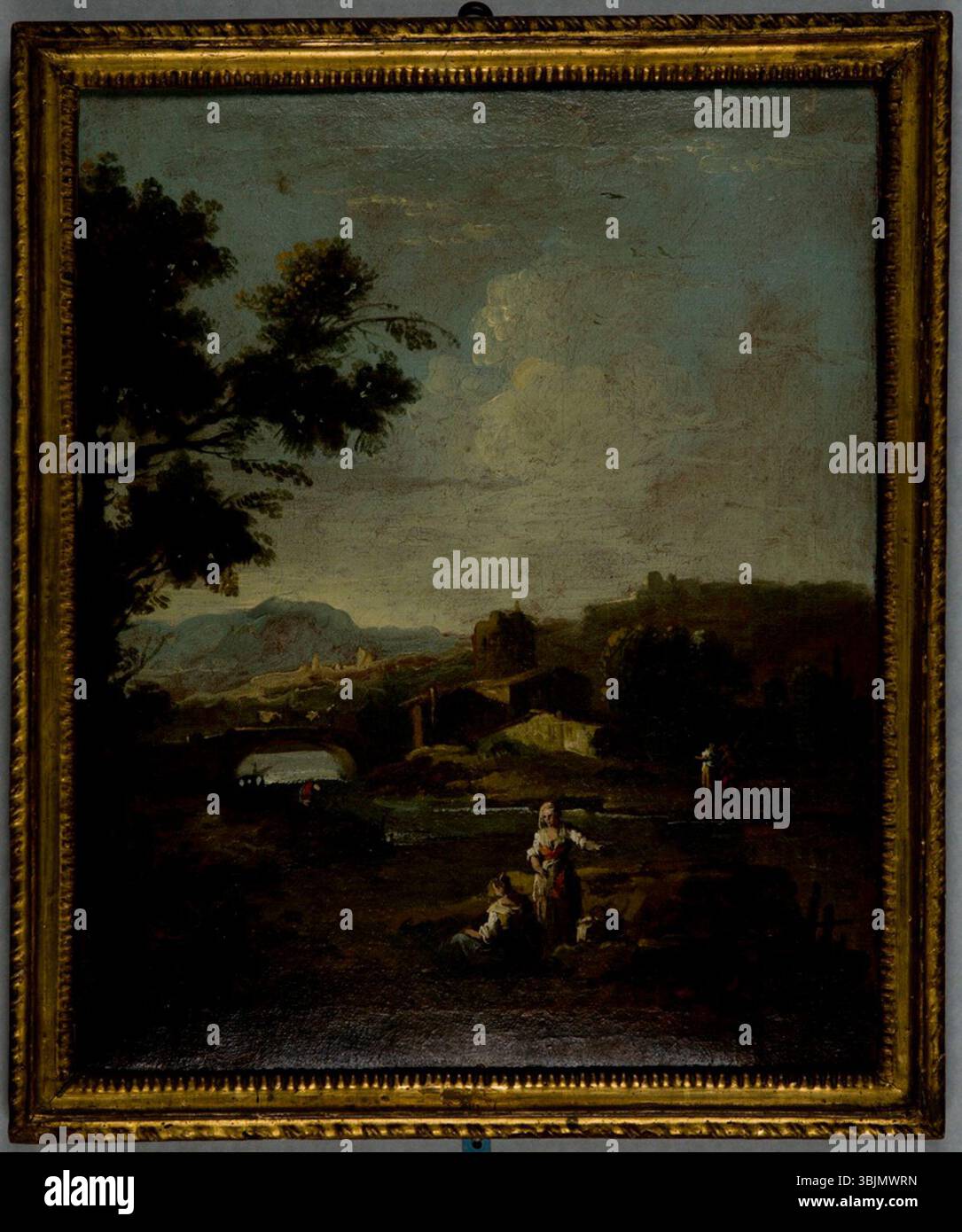 Giuseppe Zais (1709-1781) dipinse "paesaggio con figure", mostrando una scena rurale con persone in un ambiente naturale. Il dipinto ad olio presenta alberi, acqua e architettura classica. Foto Stock