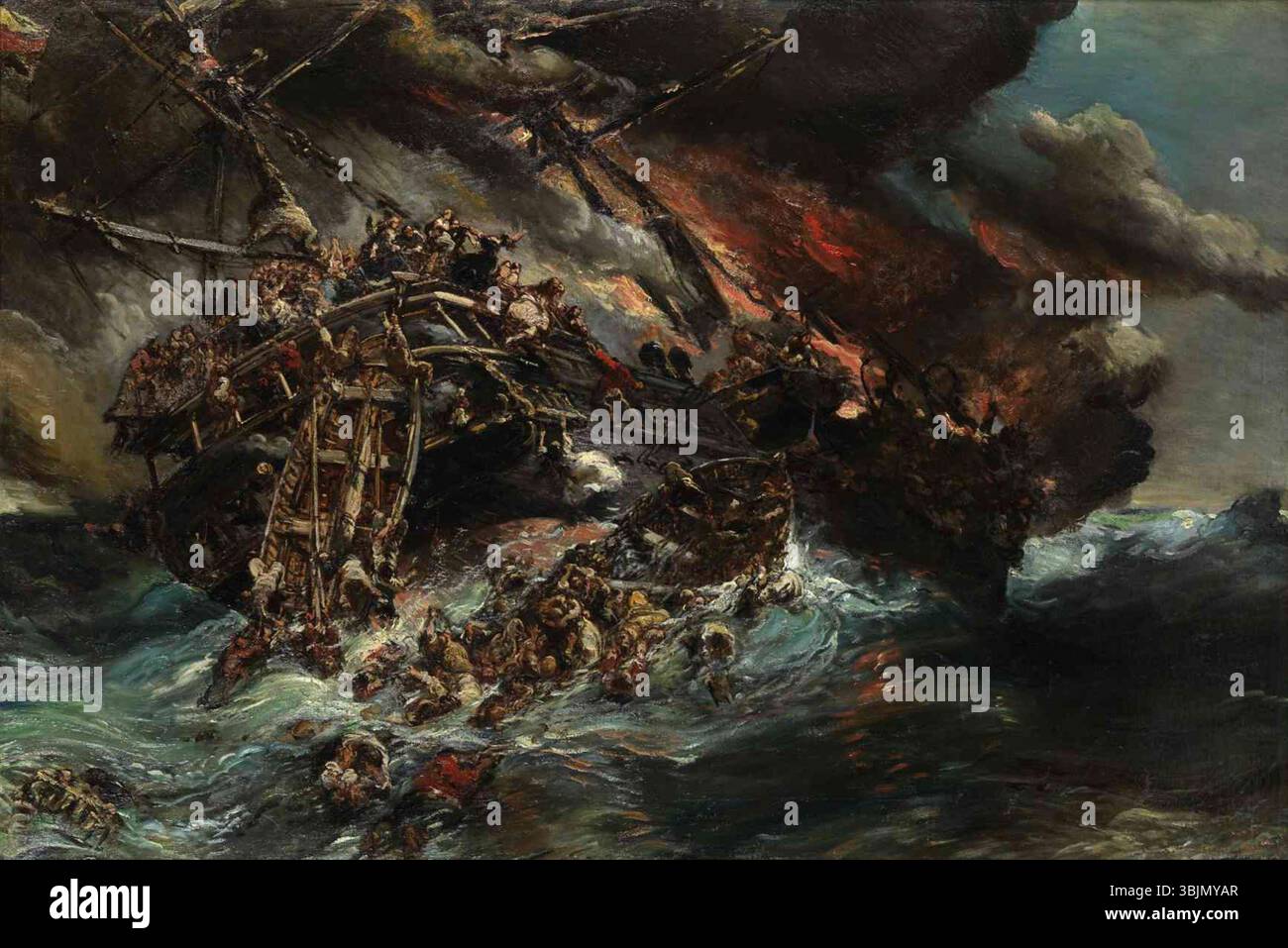 Le naufrage de l'Austria è un drammatico dipinto ad olio del 1858 di Eugène Isabey. L'opera d'arte raffigura un disastro marittimo, che mostra l'affondamento della nave austriaca "Austria". Il pezzo è noto per la sua rappresentazione dinamica del mare e la tragica scomparsa della nave. Foto Stock