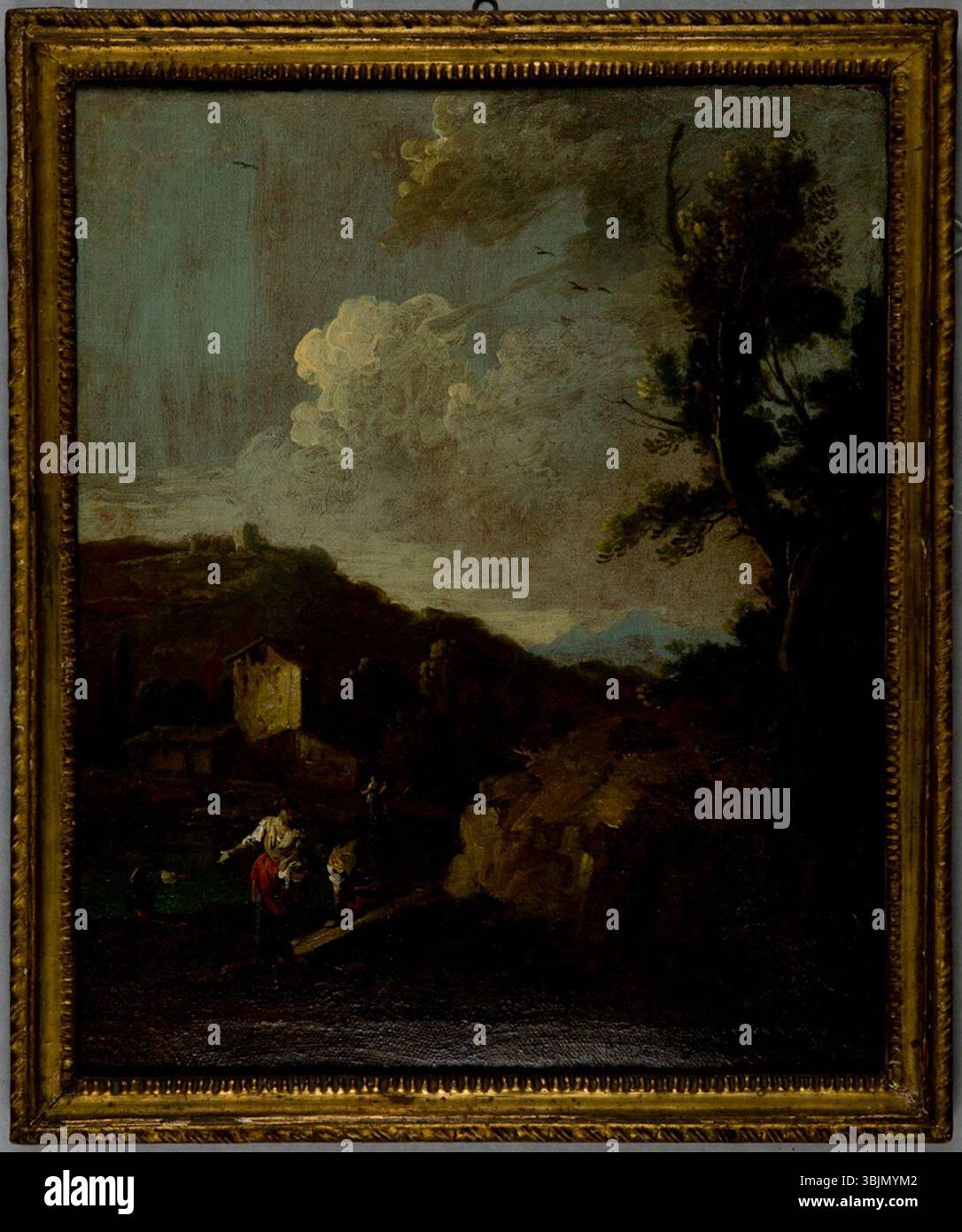 *Il paesaggio con figure* di Giuseppe Zais (1709-1781) è un dipinto ad olio su tela. L'opera d'arte presenta una tranquilla scena paesaggistica popolata da figure, combinando bellezza naturale con presenza umana. Foto Stock