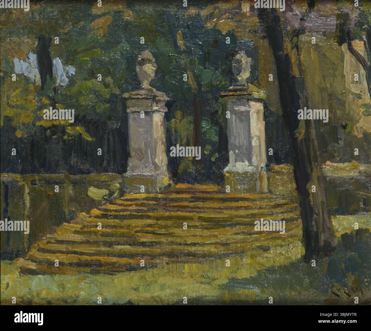 *Parkeingang* di Elisabeth von Eicken (1862-1940) raffigura un ingresso panoramico ad un parco, catturando l'atmosfera tranquilla della natura. L'opera a olio su tela è firmata dall'artista nell'angolo inferiore destro e misura 30 x 37 cm. Foto Stock