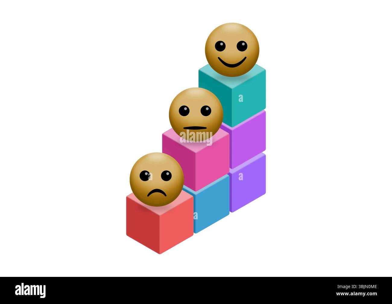 Tre facce emoticon sono disposte su una serie di blocchi colorati, che rappresentano una progressione di sentimenti da felici a neutrali a tristi. I colori vivaci Foto Stock