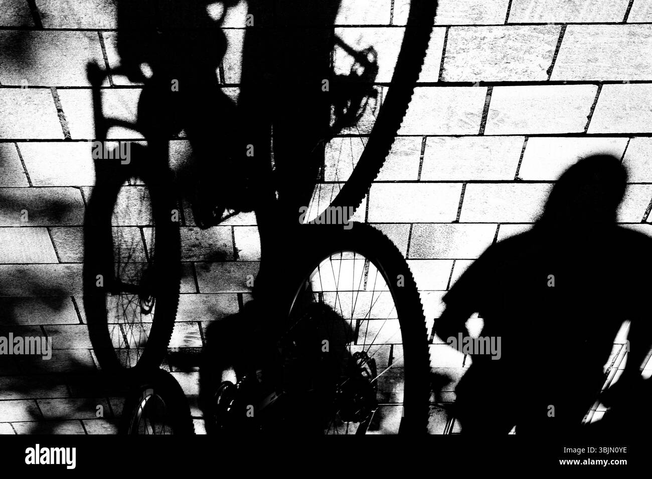 Profilo ombroso di ciclisti in bicicletta e pedonale lungo il marciapiede della città, in bianco e nero ad alto contrasto Foto Stock