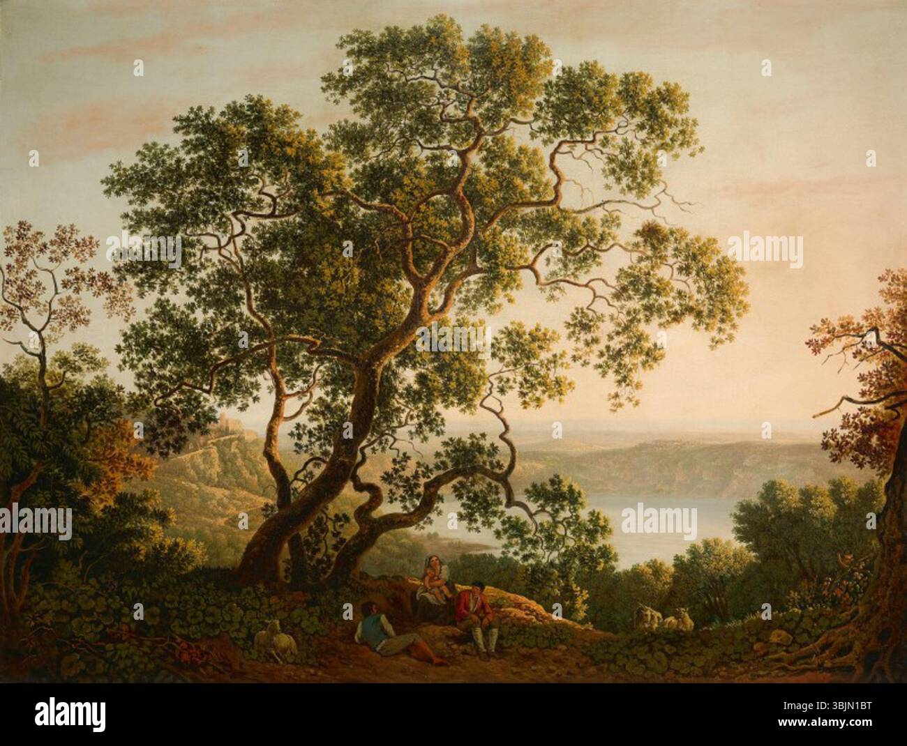 "Lago di Nemi, una vista al crepuscolo" di Carlo Labruzzo raffigura una tranquilla scena al crepuscolo sul lago di Nemi, con figure e un gregge di capre che riposano in primo piano. Foto Stock