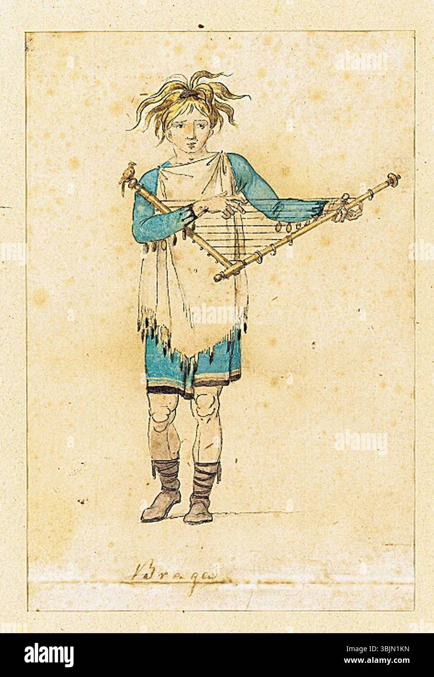 "Il Dio nordico della poesia Brage con uno strumento ad arco" di Nicolai Abildgaard, disegnato con matita, penna e acquerello, raffigura la figura mitologica Brage, dio della poesia. Foto Stock