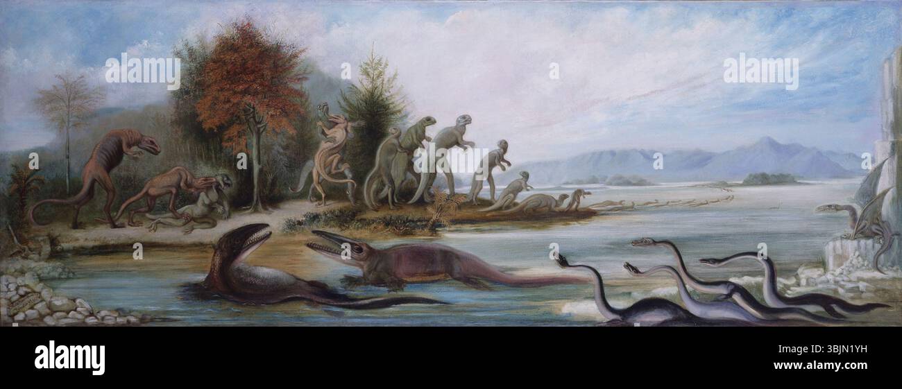 Il dipinto del 1877 di Benjamin Waterhouse Hawkins "Cretaceous Life of New Jersey" è una vivida ricostruzione della vita preistorica durante il periodo Cretaceo. L'olio su tela presenta dinosauri e altre creature estinte che un tempo abitavano la regione del New Jersey. Foto Stock