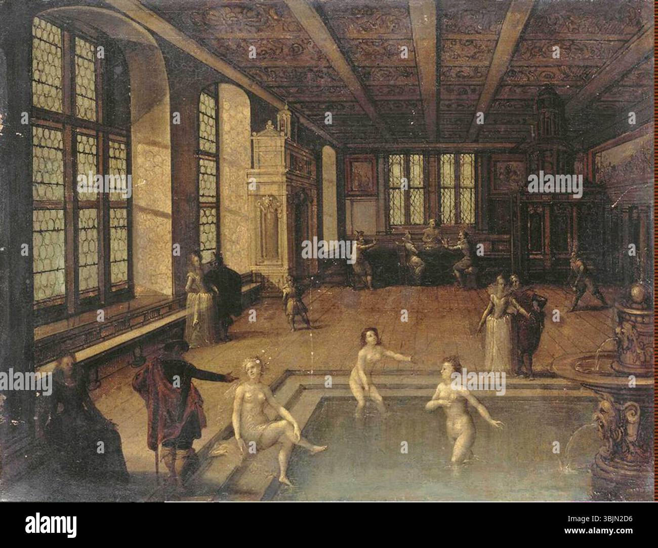 La pittura ad olio su rame dei primi anni del XVII secolo di Louis de Caullery mostra una scena di bagni con figure vicino all'acqua, dimensioni 28 x 37 cm. Foto Stock