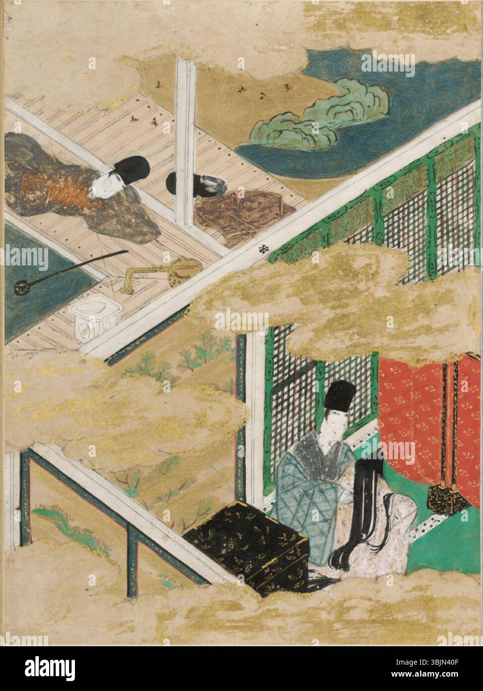 Dipinto di Tosa Mitsunobu (1434-1525), che illustra il capitolo 2 "l'albero delle scopa" dal racconto di Genji. Opere d'arte narrativa giapponese con figure di corte e architettura. Foto Stock