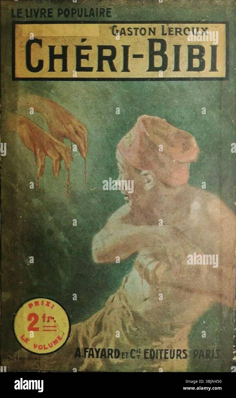 L'illustrazione di copertina del 1914 di Gino Starace per il romanzo "Chéri-Bibi" di Gaston Leroux raffigura l'avvincente narrazione del libro, concentrandosi sui temi del mistero e della suspense in uno stile visivo drammatico. Foto Stock