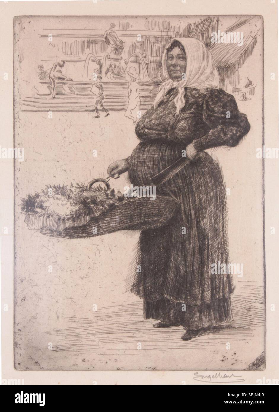 Incisione intitolata "Blumenverkäuferin" di Josef Engelhart, creata intorno al 1900. L'opera è firmata dall'artista e misura 26 x 18 centimetri. Foto Stock