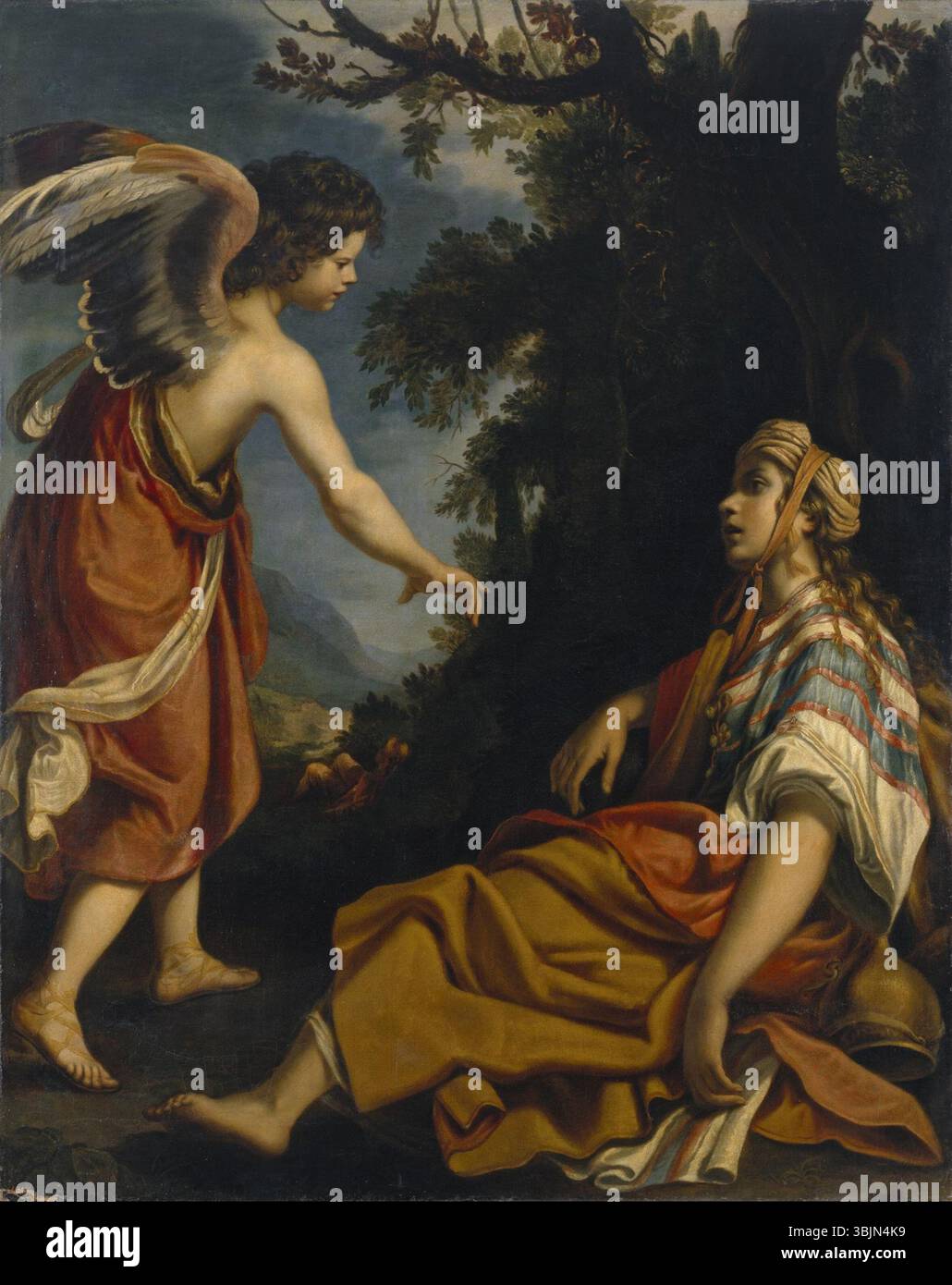 Il dipinto settecentesco di Giovanni Biliverti *Hagar nel deserto* raffigura la figura biblica di Hagar in un momento di solitudine nel deserto. L'olio su tela ritrae la sua lotta emotiva mentre viene scacciata da Sarah, mettendo in evidenza l'aspro paesaggio desertico e il senso di isolamento. Foto Stock