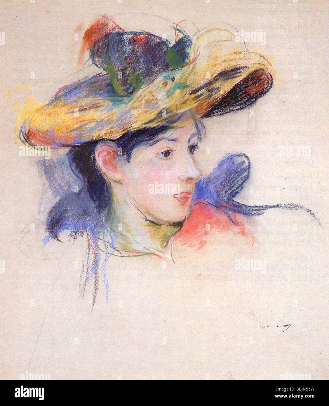 Nel dipinto di Berthe Morisot "Jeanne Pontillon au chapeau", il soggetto è raffigurato con un cappello, un motivo comune nel suo lavoro. Il ritratto esemplifica il suo delicato lavoro di pennellate e si concentra sui momenti fugaci della vita delle donne. Foto Stock
